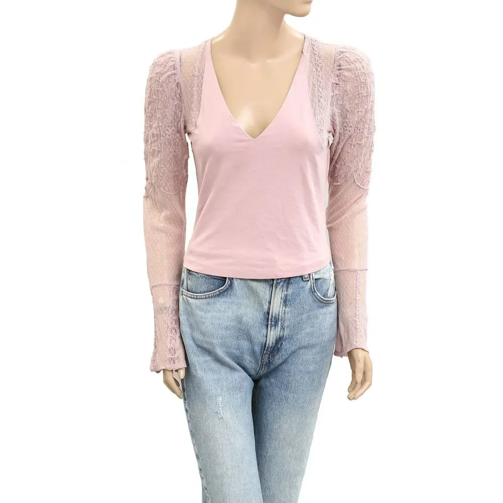Intimatley Free People Who's That Girl Long-Sleeve Cropped Top Lace M New 280327